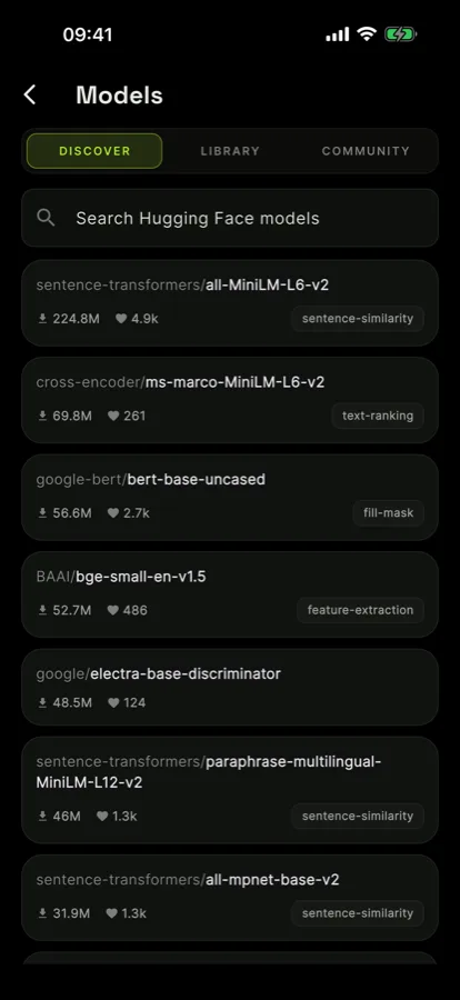Hugging Face model search inside the app.