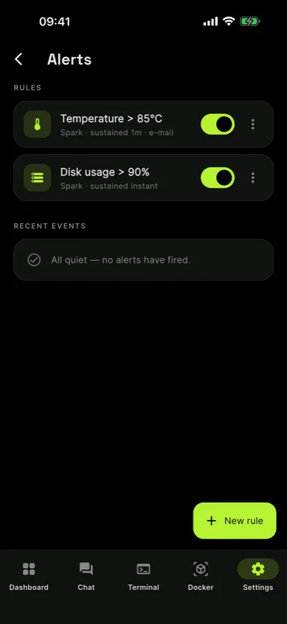 Alert rules with thresholds and notification channels.